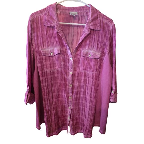 Avenue Button Front Top 26/28 Womens Plus Size Purple 3/4 Sleeve Cotton Beachy - Picture 1 of 7